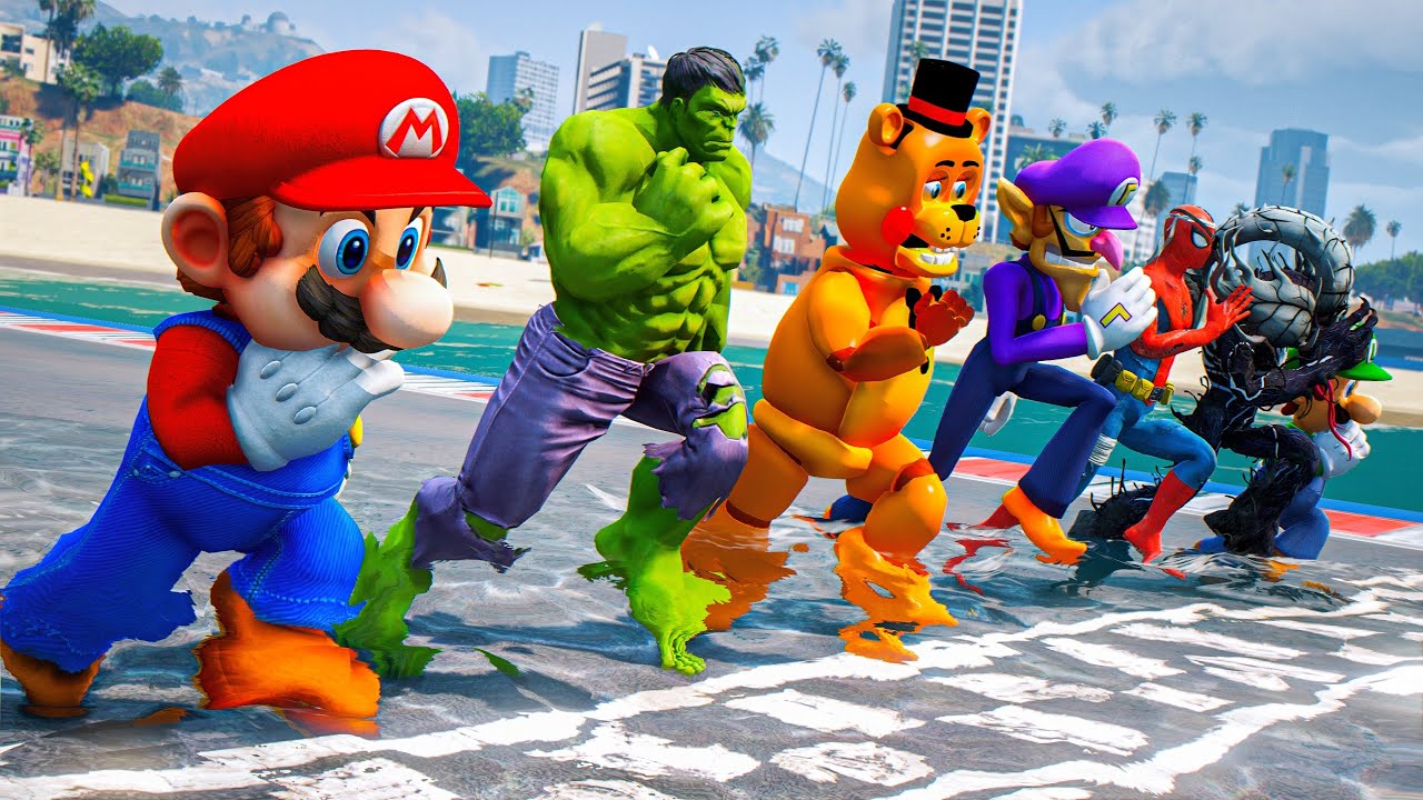 FNAF, SpiderMan & Superheroes Running on the Water Challenge Competition 