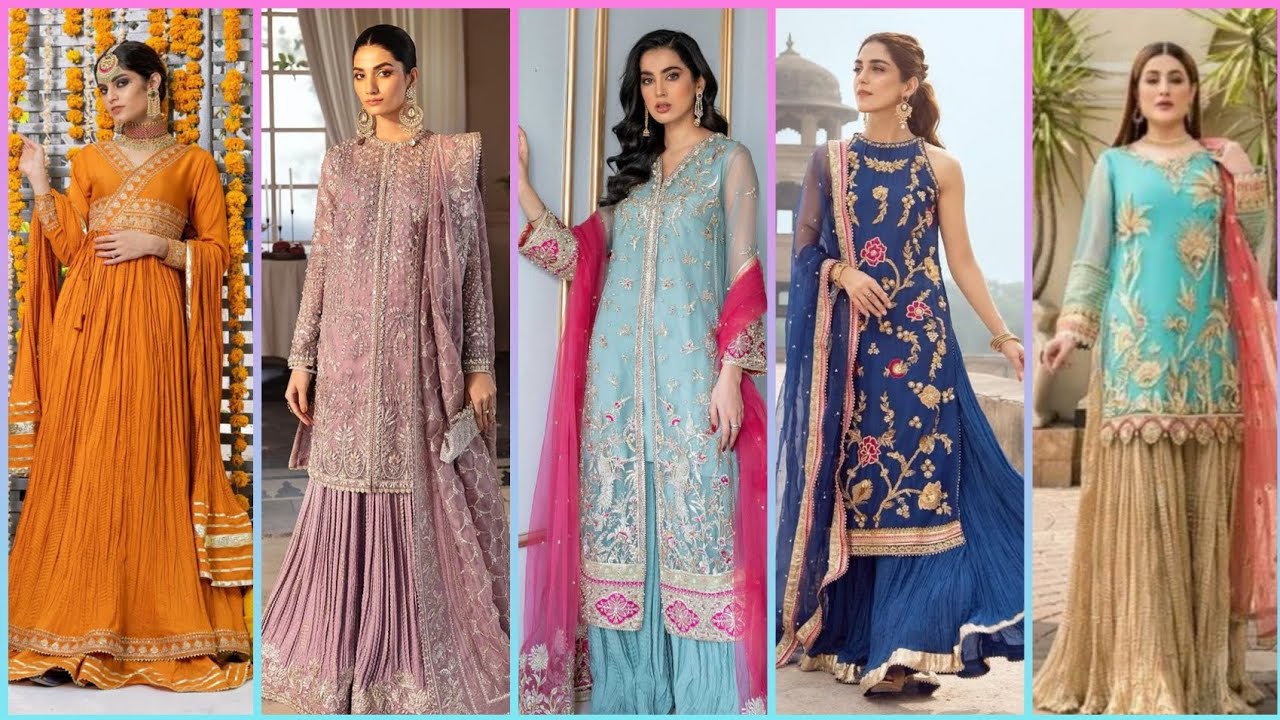 Beautiful crushed shrara dress designs| unique wedding wear embroidery dress designs with shrara 