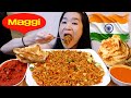 Delicious Indian MAGGI Fried Noodles & Mutton Curry Mukbang! Fried Flatbread & Chicken Curry - ASMR