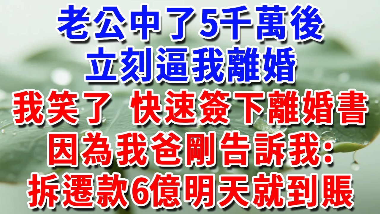 老公中了5千萬後，立刻逼我離婚，我笑了，簽下離婚書，因為我爸剛告訴我：拆遷款6億明天進賬！#一帆說故事 #為人處世 #生活經驗 #情感 #故事 #彩礼#深夜淺讀