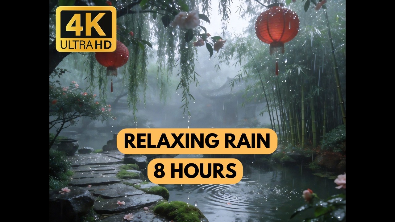 4K 8 hour Relaxing Rain Sounds 🌧️ Peaceful Chinese Garden for Study, Sleep & Relaxation