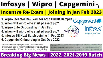 Wipro In-Center Re-Exam for SE Role Infosys Onboarding Next Batch Jan Feb 2023 Capgemini Joining Dec