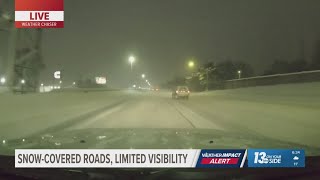 Snow-covered roads, low visibility making for challenging commute