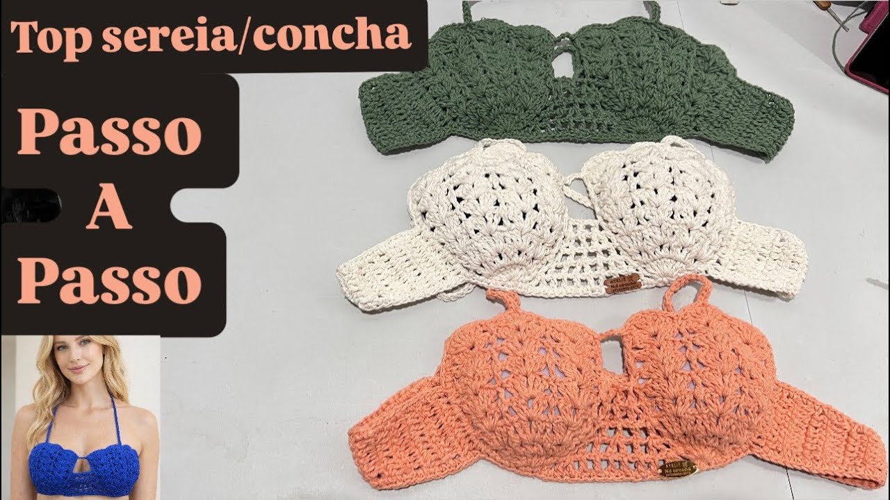 Top sereia/concha P,M,G e GG de crochê no barbante n6 passo a passo @Njcroche 
