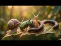 Peaceful diversity: A close-up of a millipede, snail, and rhinoceros beetle living together #insect