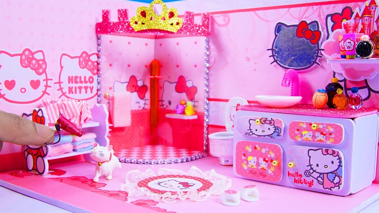  DIY Miniature Dollhouse Bathroom Hello Kitty Room Decor 