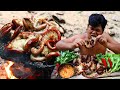 Cooking Pig Intestine bbq Recipe on Rock - Cook bbq Pig intestine Delicious Food