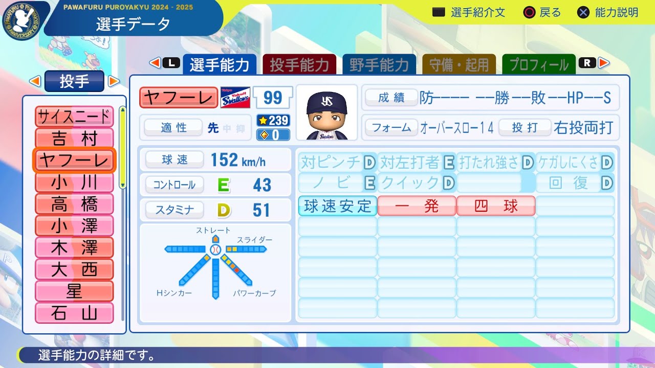 パワプロ、野球、エメラルド パワプロ2024選手名鑑/NPB PlayersDate】ヤクルト 99 M.ヤフーレ選手