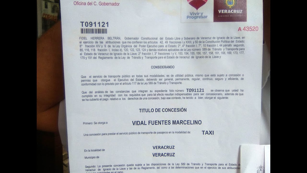 Cesion De Derechos De Concesion De Taxi Veracruz