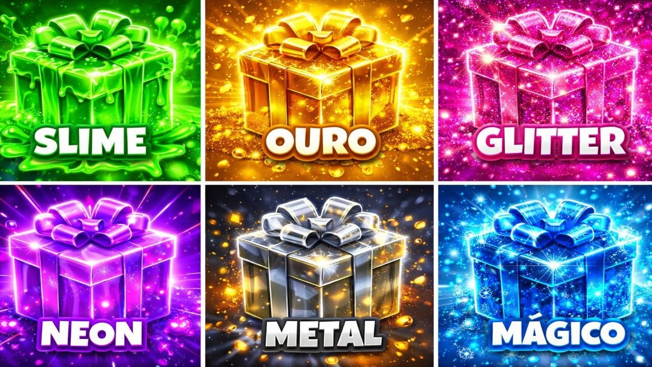 ESCOLHA SEU PRESENTE 🟢 SLIME 🧪 | 🟡 OURO 💰 | 🩷 GLITTER ✨ | 🟣 NEON ⚡ | ⚫ METAL 🔩 | 🔵 MÁGICO ❄️