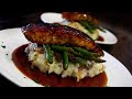 ROMANTIC DINNER FOR TWO| VALENTINES DAY DATE IDEAS| Glazed salmon, mashed potatoes and green beans.