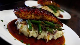 ROMANTIC DINNER FOR TWO| VALENTINES DAY DATE IDEAS| Glazed salmon, mashed potatoes and green beans.
