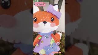 DIY fox felt doll. Fox doll wearing dress felt pattern. Softy plushie toy.