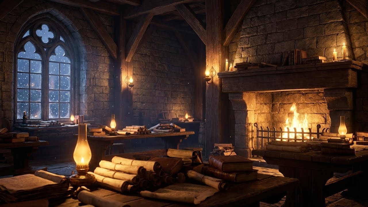 Winter in the Ancient Castle | Relaxing Medieval Chamber Folk (Fireplace Ambience)