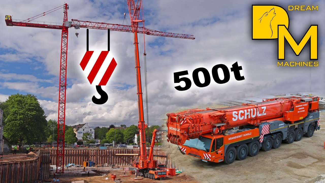 500t Kran-Koloss Mobilkran Demag AC500-2 baut Turmdrehkran Wilbert WT650 auf