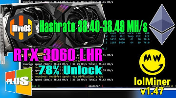 RTX 3060 LHR Ethereum (ETH) Mining 78% Unlock - HiveOS | lolMiner 1.47 | Hashrate 38.40 - 38.49 MH/s