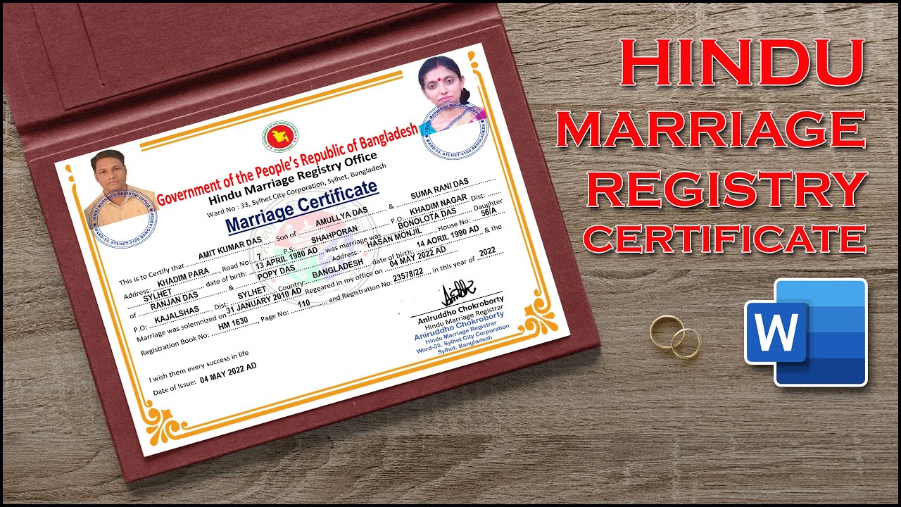 Hindu marriage registry certificate design in ms word 2023 english
