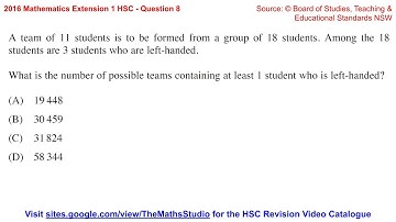 2016 Maths Extension 1 HSC Q8 Find number of unordered arrangements with conditions