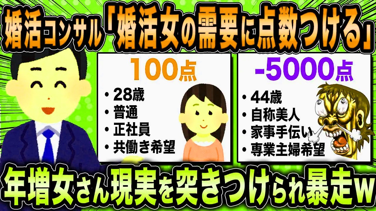 【2ch面白いスレ】婚活コンサル「婚活女の需要に点数つけていくwww」←婚活女子さん納得できずに大暴れww【ゆっくり解説】
