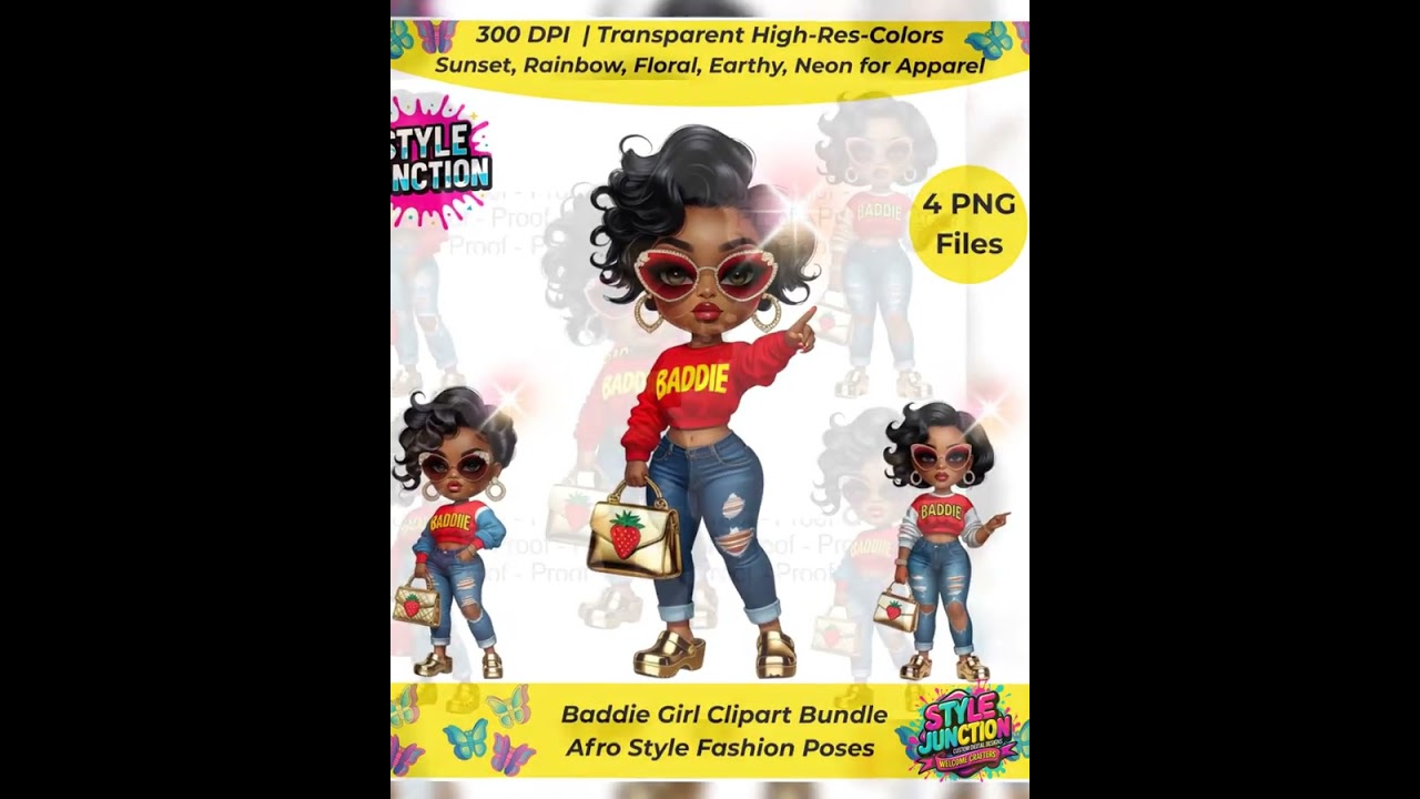4x Baddie Girl Clipart Bundle | High-Res 300 DPI Transparent PNGs | Afro Style Fashion Poses for ...