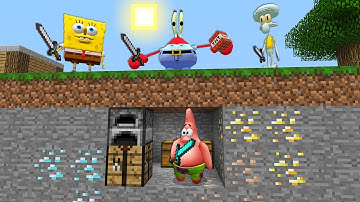 PATRICK Speedrunner VS 3 Hunters SPONGEBOB SQUIDWARD and Mr KRABS in Minecraft! Speedrun Survival