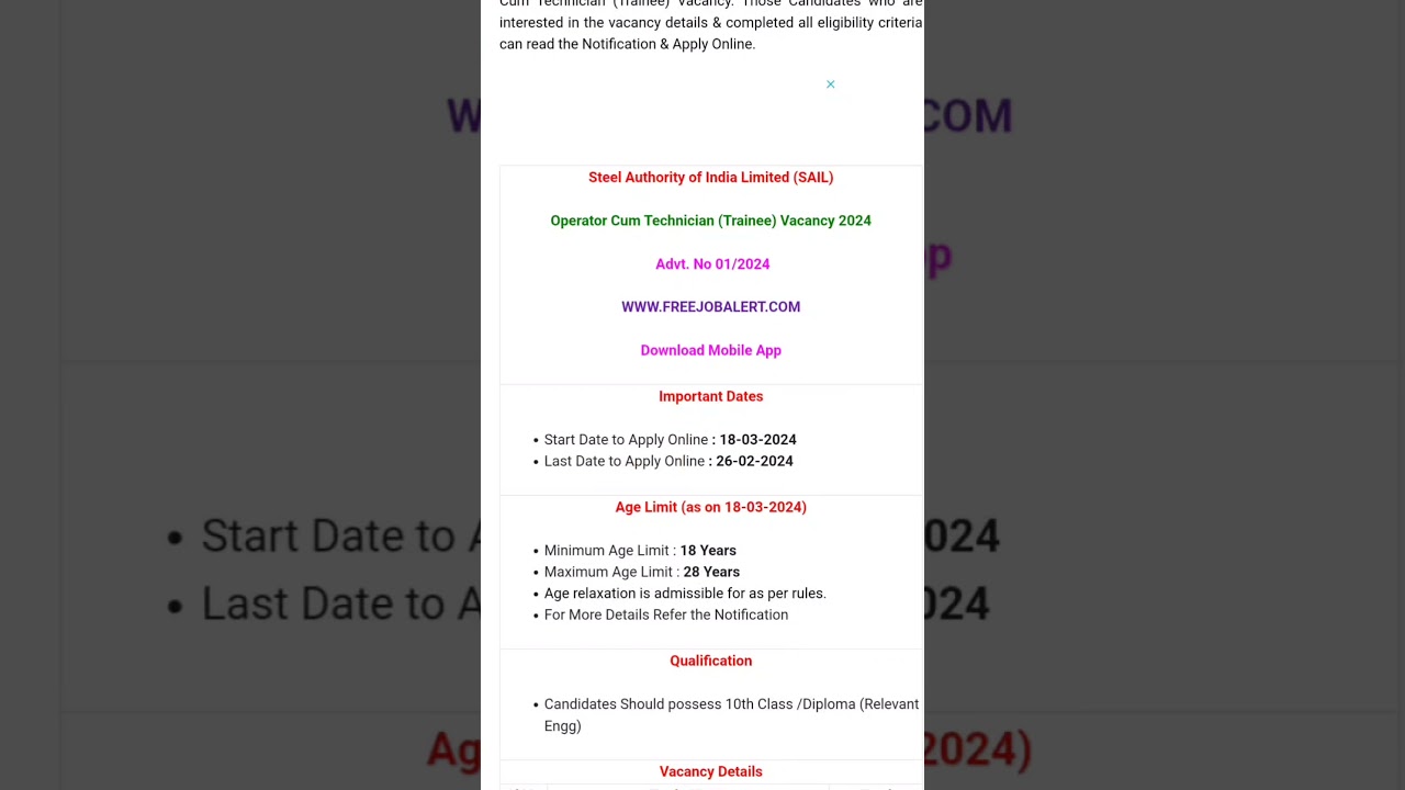 SAIL Operator Cum Technician (Trainee) Online Form 2024 | SAIL new vacancy 2024 | ITI new vacancy