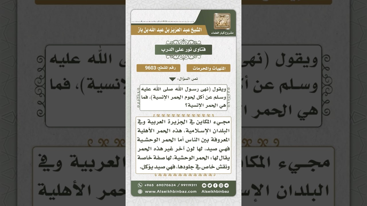 9603 -  المقصود بالحمر الإنسية وحكم أكل لحومها  -  نور على الدرب