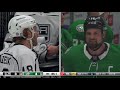 Tilt in center ice and chirping between jamie benn and brendan lemieux