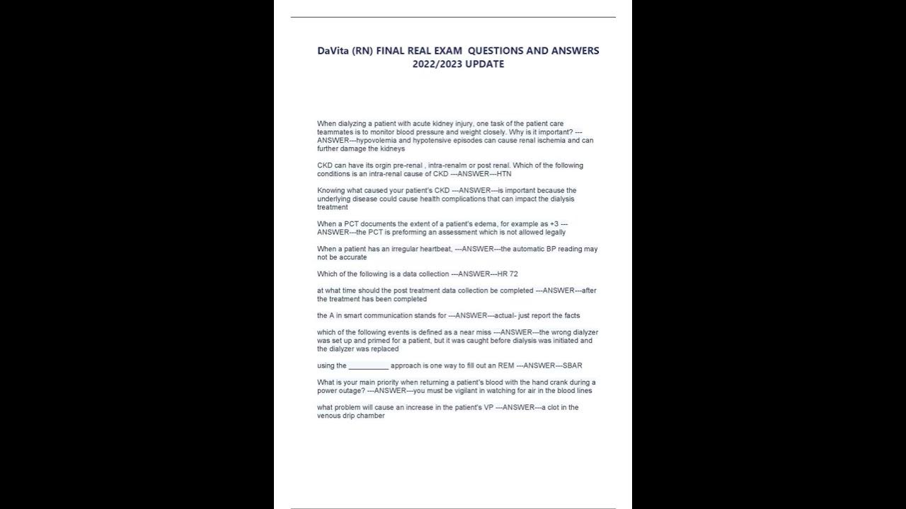 DAVITA RN FINAL REAL EXAM QUESTIONS AND ANSWERS 20222023 UPDATE - YouTube