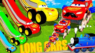 LONG CARS vs SPEEDBUMPS - Big & Small Mcqueen with Stairs Color vs SpongeBob Train - BeamNG.Dirve