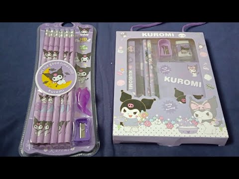 ASMR 6:07 Minutes Satisfying Unboxing Black Kuromi Pencils and Stationery Set//Stationery Colletions