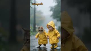 Best Friends in the Rain 🥹 Baby and Cat Wear Matching Raincoats! #cat #entertaininganimals #shorts