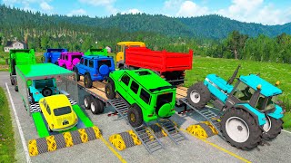 Flatbed Trailer Cars Transportation with Truck - Speedbumps vs Cars vs Train - BeamNG.Drive #17