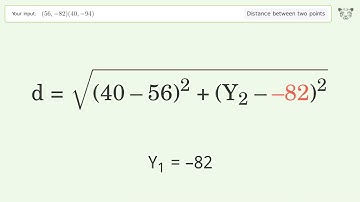 Find the distance between two points p1 (56,-82) and p2 (40,-94): Step-by-Step Video Solution