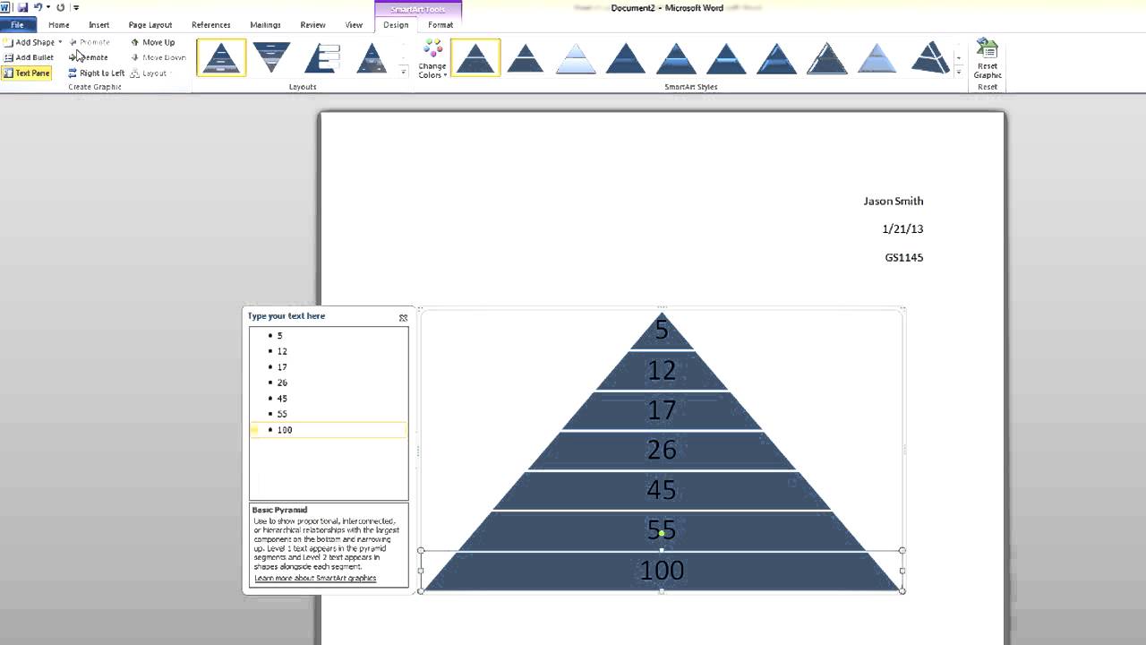 Microsoft Word Tutorial How To Create A Smartart Pyramid Youtube