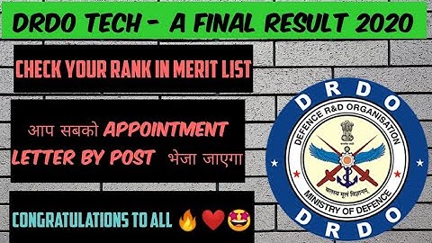 DRDO Tech - A Final Result 2019 - 2020 || DRDO Tech - A Final Merit List List & Appointment Letter
