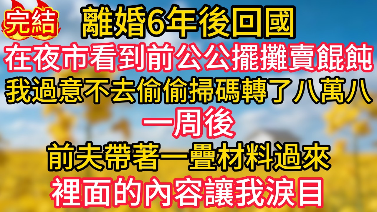 離婚6年後回國，在夜市看到前公公擺攤賣餛飩，我過意不去偷偷掃碼轉了八萬八，一周後，前夫帶著一疊材料過來，裡面的內容讓我淚目