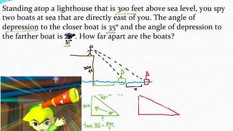 Application of right triangle trigonometry (distance between two boats using angles of depression)
