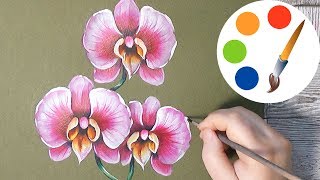 How to paint a pink orchid by a filbert brush, Acrylic painting