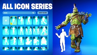 ALL FORTNITE ICON SERIES & NEW TIKTOK EMOTES (SAKAARAN CHAMPION HULK!)