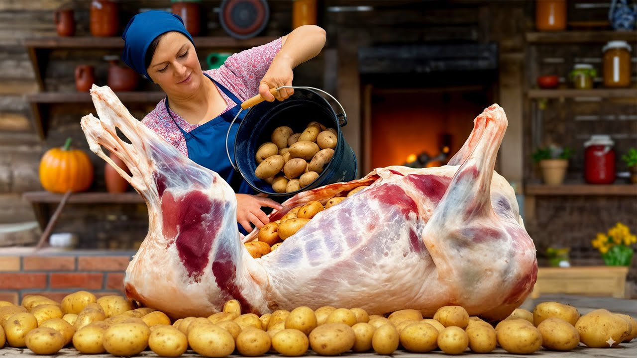مفاجأة المائدة الكبيرة: خروف كامل بالبطاطس! 🍽️