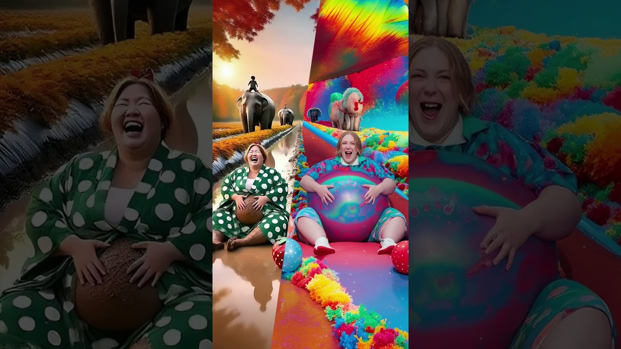 Evolution of woman : Sumo family sitting on the dirty road with elephant. 