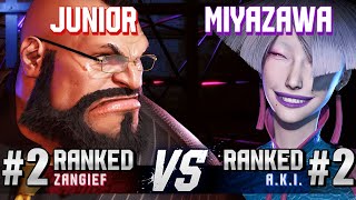 SF6 ▰ JUNIOR (#2 Ranked Zangief) vs MIYAZAWA KIRYU (#2 Ranked A.K.I.) ▰ High Level Gameplay