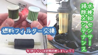 ヤマハF70AETL船外機の燃料フィルター交換と水検知センサー掃除。I changed the fuel filter of the Yamaha F70AETL outboard motor.