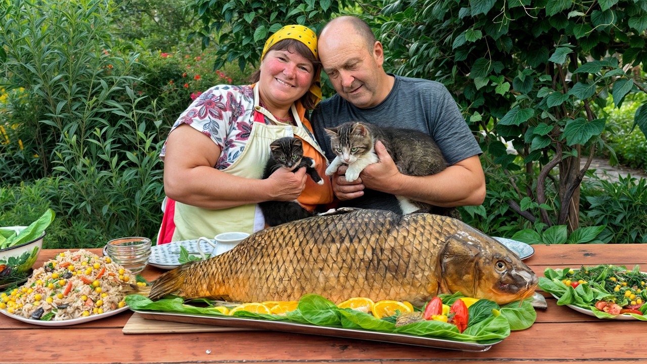 Baking a Juicy Whole Fish With Fresh Herbs in the Countryside