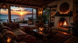 Cozy Ocean View Living Room Ambience 🔥 Warm Fireplace Sounds