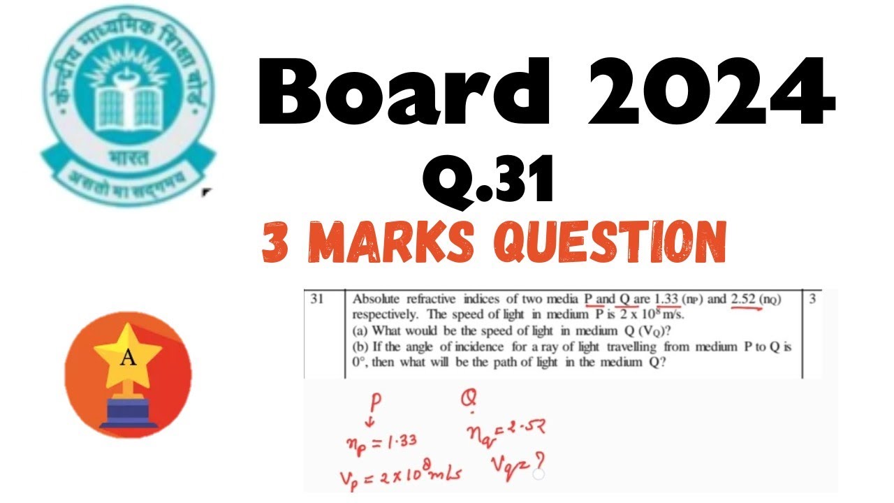 Q.31. Absolute refractive indices of two media P and Q are 1.33 (nP) and  2.52 (nQ) resp #board2024 