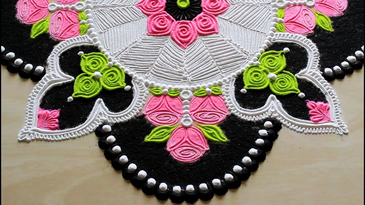 Beautiful rose rangoli design with colours l rangoli designs with ...