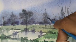 Vibrant Green Farmland Watercolour Landscape | Master Soft Water Reflections in Loose Watercolor screenshot 5