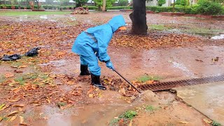 Unclogging Completely Clogged Culvert Drain Removing Lots Leaves In Ditch Drain